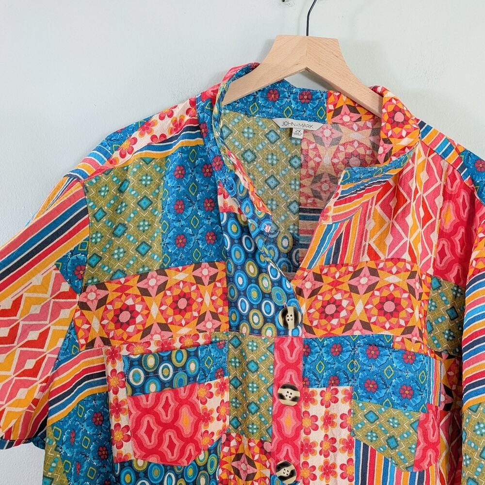 John Mark Button Top 2x 2xl Multicolor Patchwork … - image 2